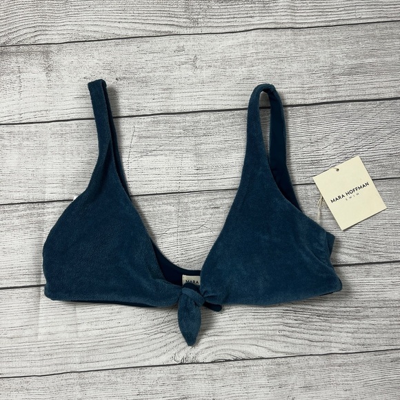 NEW Mara Hoffman Rio Slate Blue Textured Terry Fabric Knot Front Bikini Top Sz L - Picture 3 of 8